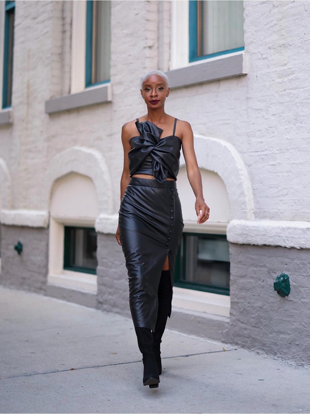 Black Faux Leather Button-Front Midi Skirt